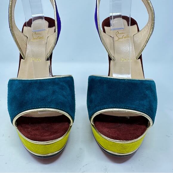 Christian Louboutin Louloudance Suede Colorblock Platform Sandals Heels Size 37 - Picture 3 of 12